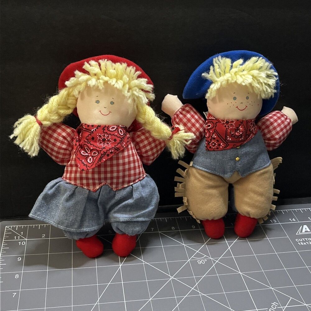 Lot of 2 Eden Toys Cowboy and Cowgirl Plush Doll Stuffed Animal set 9in